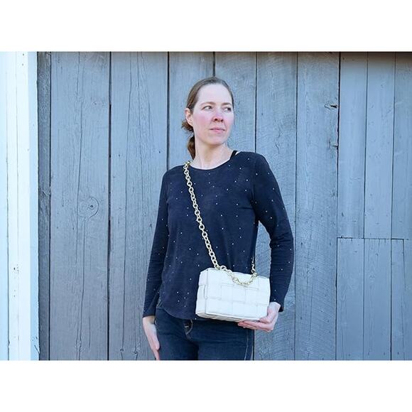 Bella Luna Woven Padded Crossbody Handbag Purse Women Chain Strap & Handle Ivory - Picture 4 of 5